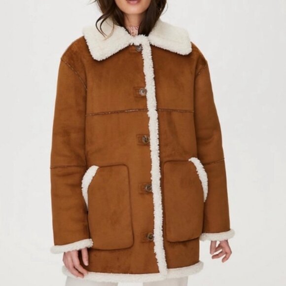 NWT Aritzia Wilfred Free Brown Faux Suede Catrina sherpa jacket Size XS - Picture 2 of 15